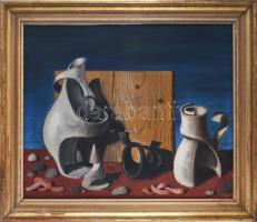 Jelzés nélkül, XX. sz. közepe: Szürrealista csendélet. Olaj, vászon. Hátoldalán Kisfaludi Kovács jelzéssel: Hölgy tengerparton. Proveniencia: Saphier-gyűjtemény. 50x60 cm. Dekoratív, kopott fakeretben.