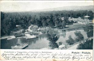 1899 Pöstyén, Piestany; Park részlet a Vág partján, komp. A. Bernas kiadása / Váh riverside, ferry (vágott / cut)