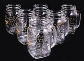 Fütyülős befőttesüveg formájú üveg korsó készlet, 6 db, 0,48l, m:13,5 cm