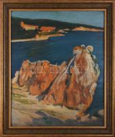 Olvashatatlan jelzéssel (balra lent), feltehetően XX. sz. első fele: Sziklás tengerpart. Olaj, karton. Proveniencia: Saphier-gyűjtemény. 59x48,5 cm. Dekoratív fakeretben.