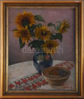 Koszta Rozália (1925-1993): Csendélet. Olaj, rétegelt falemez, jelzett. Dekoratív, kissé sérült fakeretben, 60x50 cm