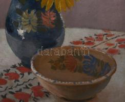 Koszta Rozália (1925-1993): Csendélet. Olaj, rétegelt falemez, jelzett. Dekoratív, kissé sérült fake...