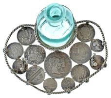 13db, többségében magyar Ag érméből forrasztással összeállított fém asztaldísz, tintásüveggel és fém...