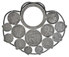 13db, többségében magyar Ag érméből forrasztással összeállított fém asztaldísz, tintásüveggel és fém...