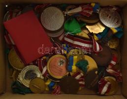 Egy doboznyi, főleg német nyelvterületről származó lövészeti díjérem + 1970 k. "Szakszervezetek Országos Tanácsa ezüst fokozat" ezüstözött, műgyantás kitüntető jelvény, mellszalaggal, tokban + 3db asztali zászló T:vegyes