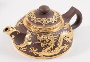 Kínai kerámia teáskanna, ón berakással, eredeti dobozában új állapotban. 16 cm