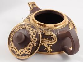 Kínai kerámia teáskanna, ón berakással, eredeti dobozában új állapotban. 16 cm