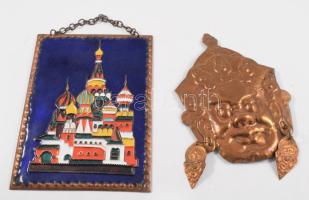 Orosz zománc kép 18 cm + mongol réz falidísz