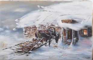 Olvashatatlan jelzéssel, feltehetően szovjet vagy orosz festő: Ló a hóviharban. Olaj, vászon. 35x55 cm.