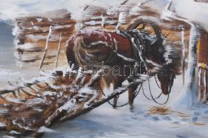Olvashatatlan jelzéssel, feltehetően szovjet vagy orosz festő: Ló a hóviharban. Olaj, vászon. 35x55 ...