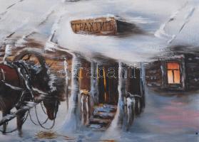 Olvashatatlan jelzéssel, feltehetően szovjet vagy orosz festő: Ló a hóviharban. Olaj, vászon. 35x55 ...