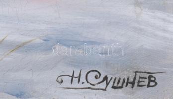 Olvashatatlan jelzéssel, feltehetően szovjet vagy orosz festő: Ló a hóviharban. Olaj, vászon. 35x55 ...