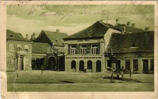 Medgyes, Mediasch, Medias; Piata Regele Ferdinand, Mediascher Bank / Ferdinánd király tér. Henrich Connert, Blau &amp; Hiller üzlete, bank. Hans Hart kiadása / König Ferdinandplatz / square, shops, bank (r)