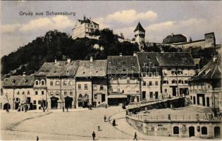 1910 Segesvár, Schaessburg, Sighisoara; utca, tér, E. Gutt, F. Lingner üzlete, Steinbrucher Bier Quelle. Kiadja Fritz Teutsch / street, square, shops, brewery (szakadás / tear)