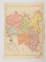 [Térkép] Tolna vármegye térképe. Mértéke: 1:335.000. (1941). [Budapest], 1941. Magyar Királyi Honvéd Térképészeti Intézet. Színes térkép, mérete 300x220 mm egy 350x250 mm méretű térképlapon. Domborzati és vízrajzi részleteket is feltüntető térképünk a M. kir. Honvéd Térképészeti Intézet 1937-1941 között készült közigazgatási térképsorozatának tagja. A színkódolt járásbeosztáson kívül feltünteti a megye egyvágányú vasútvonalait, első-, másod- és harmadrendű útjait és egyéb műútjait, településhálózatát: rendezett tanácsú városát (Szekszárd), nagyközségeit (Dunaföldvár, Bátaszék, Bonyhád, Dombóvár, Tamási), kisközségeit és egyéb lakott helyeit. A megye határvonalai nagyjából azonosak a maiakkal, vasútvonal-hálózatában sem történt komoly változás, leszámítva a pécsi vonal későbbi kétvágányúvá építését, illetve a Bátaszék-Pécsvárad vasútvonal későbbi felszámolását. Döntően közigazgatási és közlekedésföldrajzi célokat szolgáló térképünk domborzati és vízrajzi részleteket is közzétesz, egyes hegycsúcsok mellett magassági adatokkal. A vármegye bányáit, kőfejtőit és várromjait piktogramok jelölik. Jelmagyarázat a bal sarokban, a címsor felett a megye címere lebeg, a kiadási év a bal alsó sarokban (1941). A jobb alsó sarokban kereskedői bélyegzés. Jó állapotú lap, halvány hajtásnyommal,