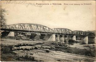 1916 Nyzhniv, Nizniów; Nowy most zelazny na Dnjestrze. Nalkad Izrael Dulberg / The new iron bridge on the Dniester River, saw mill, forest industry + "Hadtáp-postahivatal 132" (creases)