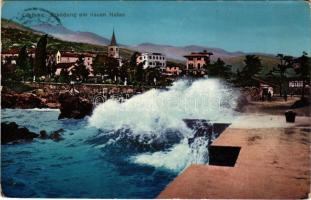 1912 Lovran, Lovrana; Brandung am neuen Hafen / új kikötő / new port (EK)