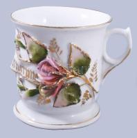 cca 1900 Szecessziós emlékbögre plasztikus díszítéssel, pattanással, m: 9 cm