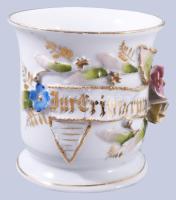 cca 1900 Szecessziós emlékbögre plasztikus díszítéssel, pattanással, m: 9 cm