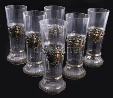 cca 19. sz. közepe - második fele, Biedermeier pohár garnitúra, címeres fém szerelékkel, 6 darab, kis kopással, m: 20,5 cm