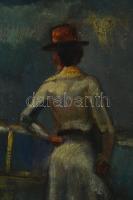 Olvashatatlan (Tibor Ernő?) jelzéssel, balra lent: Napernyős hölgy vízparton. Olaj, vászon. Dublíroz...