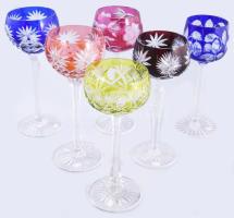 6 darab színesen pácolt klf kristály pohár, hibátlan, m: 20 cm alatt