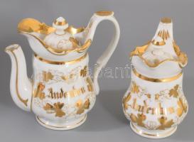 4 darab szecessziós porcelán kiöntő, korsó, cukortartó, kopással, m: 14 cm alatt