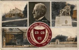 1910 Cambridge (Massachusetts), Sigillum Academiae Harvardianae In. Nov. Ang., Pres, Eliot's House, Pres. Eliot, John Harvard Statue, Class Gate 1870, Terrace of 1880. Hotel and Railroad News Co., Harvard Series No. 9. (EK)