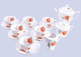 Antik Zsolnay pipacsmintás manófüles kávés készlet, jelzett, teljes, kis kopással.