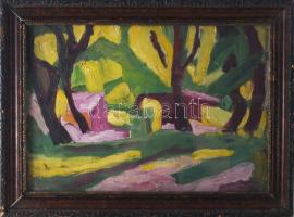 Jelzés nélkül, XX. sz. magyar festő: Expresszív táj. Olaj, vászon, kartonon. Proveniencia: Saphier-gyűjtemény. Üvegezett, kopott fakeretben. 26x38 cm