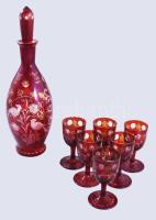 cca 1800 Bíborpácolt italos készlet 6 pohárral, minimális kopással, m: 8,5-27 cm