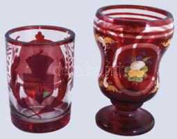 1850-1900, 5 darab bíborpácolt bögre, emlékbögre, üveg. közte sérüléssel, közte magyar címeres emlék...