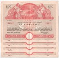 1954. Budapest "Ötödik Békekölcsön - a Magyar Népköztársaság nyereménykölcsöne - Hatodik osztály" 100Ft értékben, szárazpecséttel (4x) sorszámkövetők "29 54722 - 29 54725" T:F