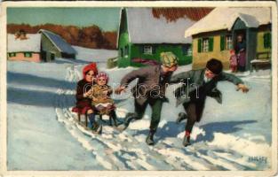 Winter sport art postcard, sledding. Meissner &amp; Buch Paul Hey Serie Nr. 3415. s: Paul Hey