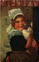 Freundschaft. T.S.N., M.K. No.813. / Friendship, lady with cat art postcard s: Edmund Louyot (EB)