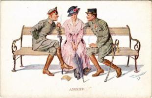 Angriff / WWI military, lady with Dachshund dog, flirting German and K.u.K. military officers. M. Munk Wien Nr. 1118. s: Th. Zasche (EK)