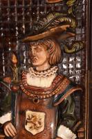 6 darab német figurális díszítésű reneszánsz kályhacsempe. cca 17-19.sz., plasztikus figurális díszí...