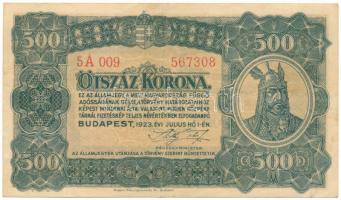 1923. 500K "Magyar Pénzjegynyomda Rt. Budapest." nyomdahely-jelöléssel "5A 009 567308...