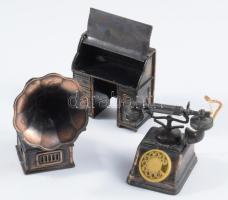 3 db ceruzahegyező telefon, gramofon, íróasztal fém formában