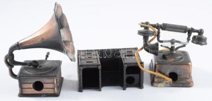 3 db ceruzahegyező telefon, gramofon, íróasztal fém formában