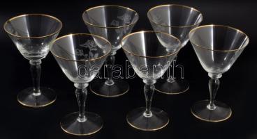 Kristályüveg pezsgőspohár garnitúra, 6 darab aranyozott rózsamintával, hibátlan, m: 15,5 cm