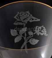 Kristályüveg pezsgőspohár garnitúra, 6 darab aranyozott rózsamintával, hibátlan, m: 15,5 cm