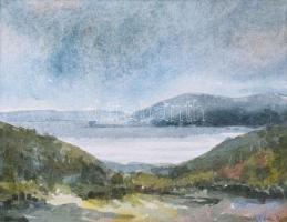 Tóth Péter (-): Vízparti táj (Dunakanyar?). Akvarell, papír. Paszpartuban. 15x19 cm