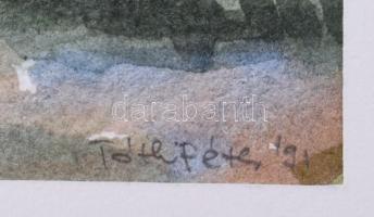 Tóth Péter (-): Vízparti táj (Dunakanyar?). Akvarell, papír. Paszpartuban. 15x19 cm