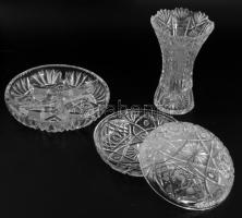 Ólomkristály gazdagon díszített 3 részes asztali szett, bonbonier, váza, kínáló, m: 16 cm alatt