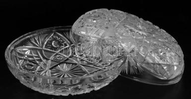Ólomkristály gazdagon díszített 3 részes asztali szett, bonbonier, váza, kínáló, m: 16 cm alatt