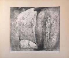 Bényi Árpád (1931-2006): A zászlótartó. Monotípia, papír. Jelzett. Paszpartuban. 37x49,5 cm