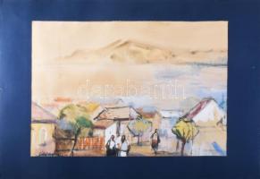 Göldner Tibor (1929-2013): Vízparti falu, 1962. Vegyes technika, papír. Jelzett. Hátoldalán Képcsarn...