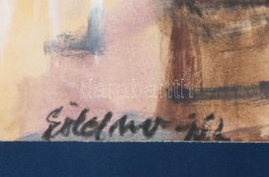 Göldner Tibor (1929-2013): Vízparti falu, 1962. Vegyes technika, papír. Jelzett. Hátoldalán Képcsarn...