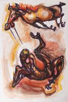 Riskó György (1955-2014): Ló és ember, 1994. Akvarell, papír. Jelzett. 42x29,5 cm